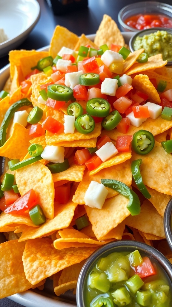 A colorful plate of nachos with cheese, jalapeños, tomatoes, and green onions, served with guacamole and salsa.